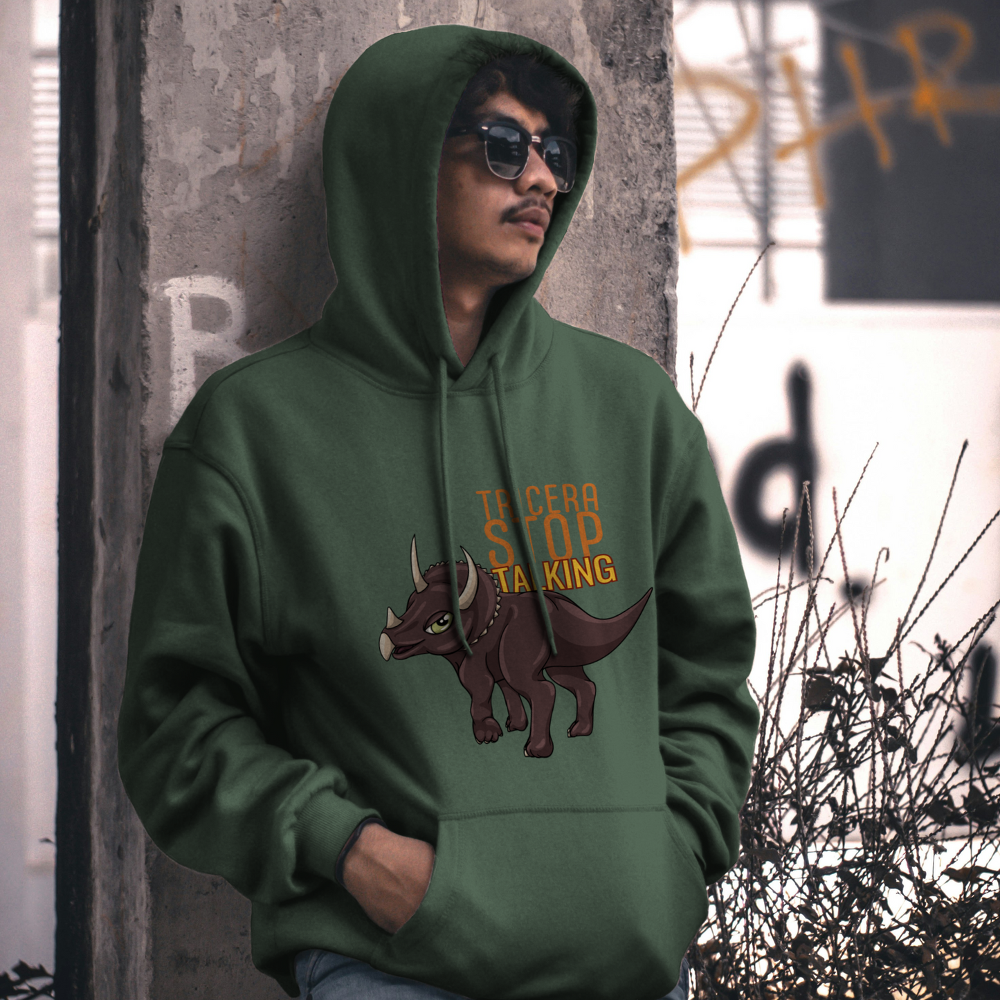 Tricera-Stop Talking Pullover Hoodie – Soft Blend, Triceratops Design, Comfortable Fit