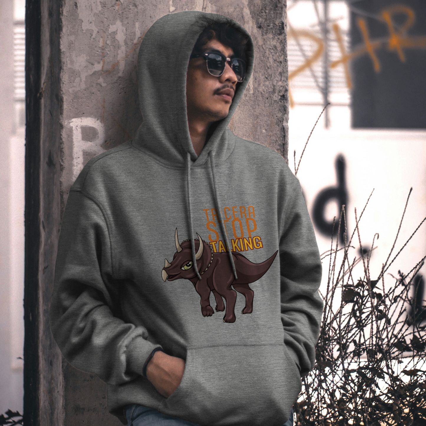 Tricera-Stop Talking Pullover Hoodie – Soft Blend, Triceratops Design, Comfortable Fit
