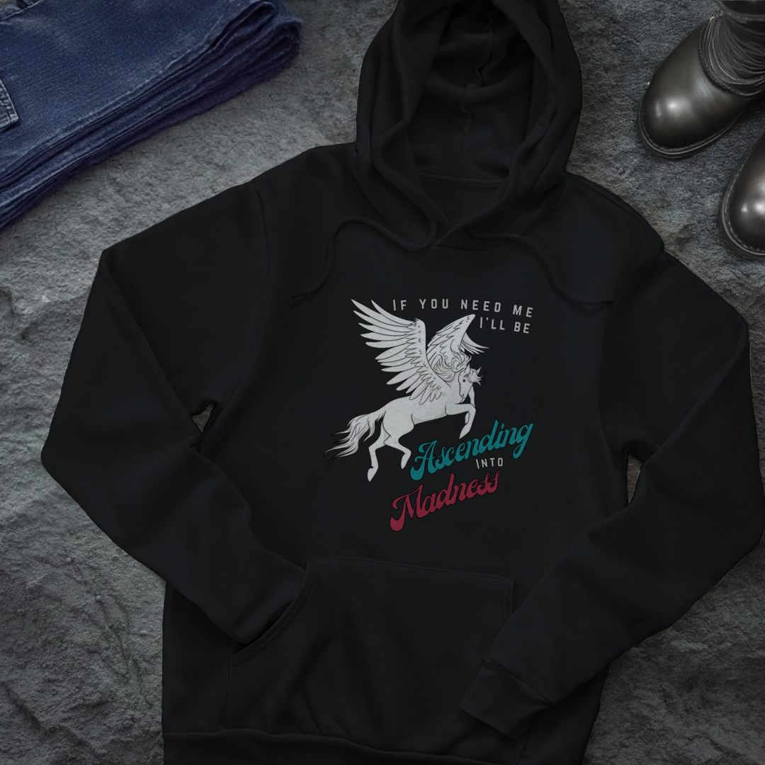 Ascending into Madness Pullover Hoodie – Soft Blend, Pegasus Design, Comfortable Fit