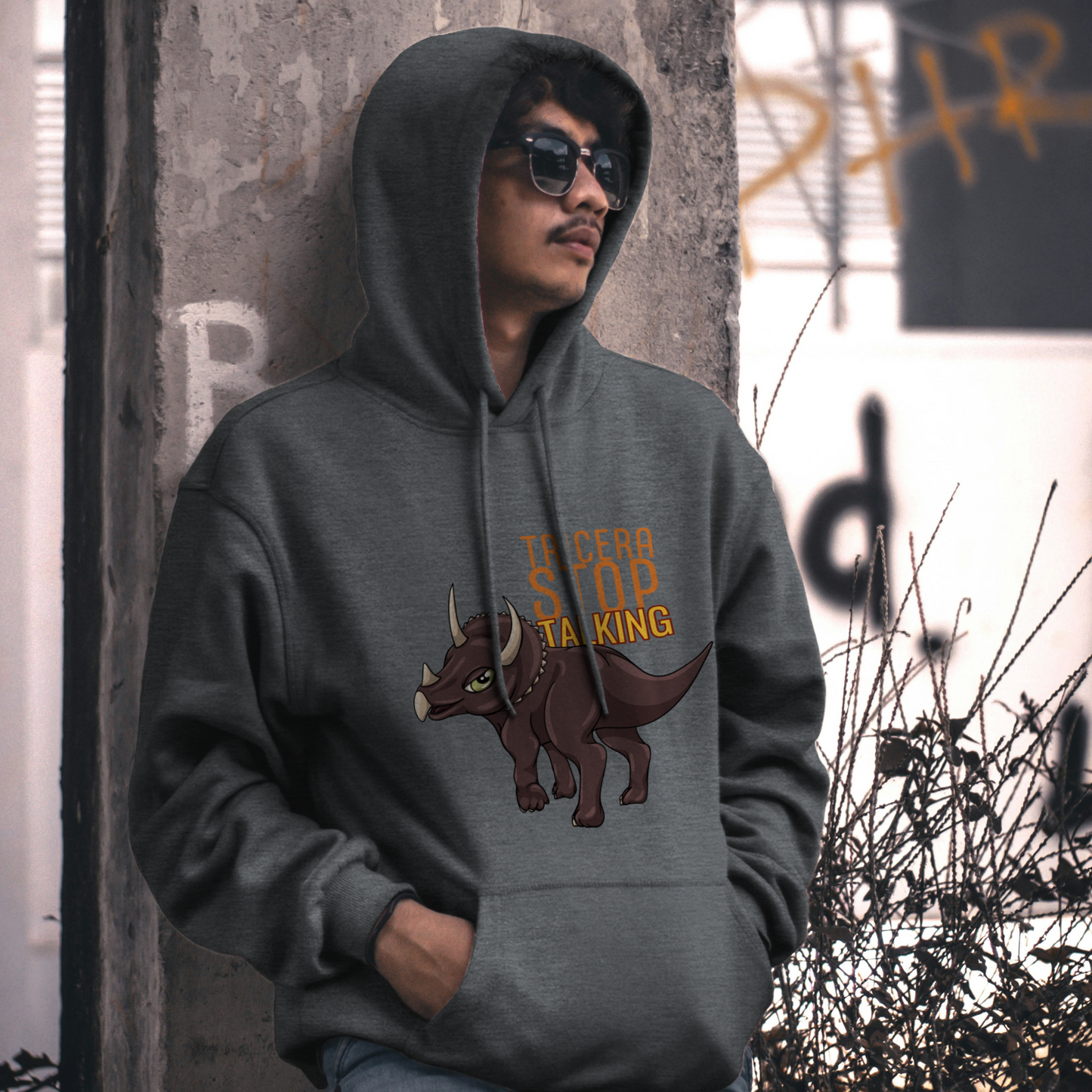 Tricera-Stop Talking Pullover Hoodie – Soft Blend, Triceratops Design, Comfortable Fit