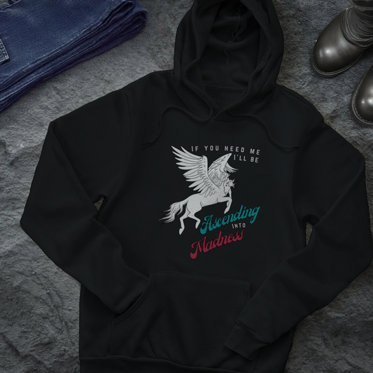 Ascending into Madness Pullover Hoodie – Soft Blend, Pegasus Design, Comfortable Fit