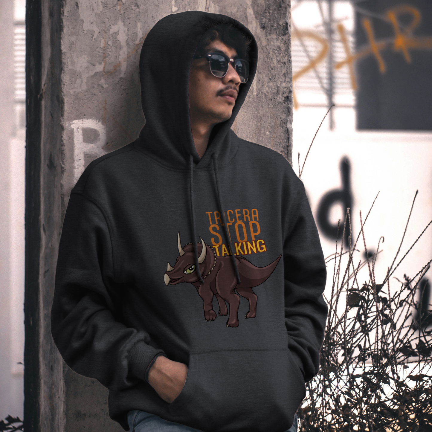 Tricera-Stop Talking Pullover Hoodie – Soft Blend, Triceratops Design, Comfortable Fit